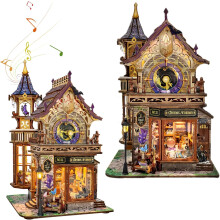 Kit de miniaturas DIY de Magic Time Society: Torre del reloj de fantasía con caja de música, reloj real, adorno de montaje 3D para adultos