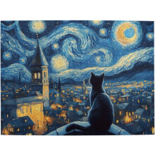 Puzzel van 500 stukjes met een volwassen zwarte kat op een dak in een sterrenhemelstad - Klassieke kunst van een olieverfschilderij met een sterrenh
