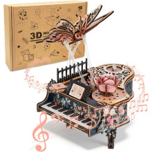 3D-träpussel för vuxna mekanisk speldosa retro blommor piano gör-det-själv roterande modellbyggsatser skrivbordsdekor hobbyer