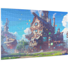 Rompecabezas de 1000 piezas de casas flotantes de un pueblo steampunk caprichoso: rompecabezas creativo de fantasía estilo anime para adultos