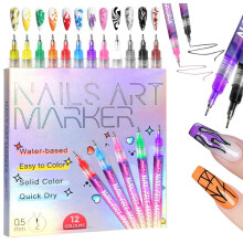 Sæt med 12 farver neglekunstpenne, 2026 opgraderinger til fin spids 0,5 mm neglekunstpen, tegning, maling, lineær pensel, gør-det-selv manicure