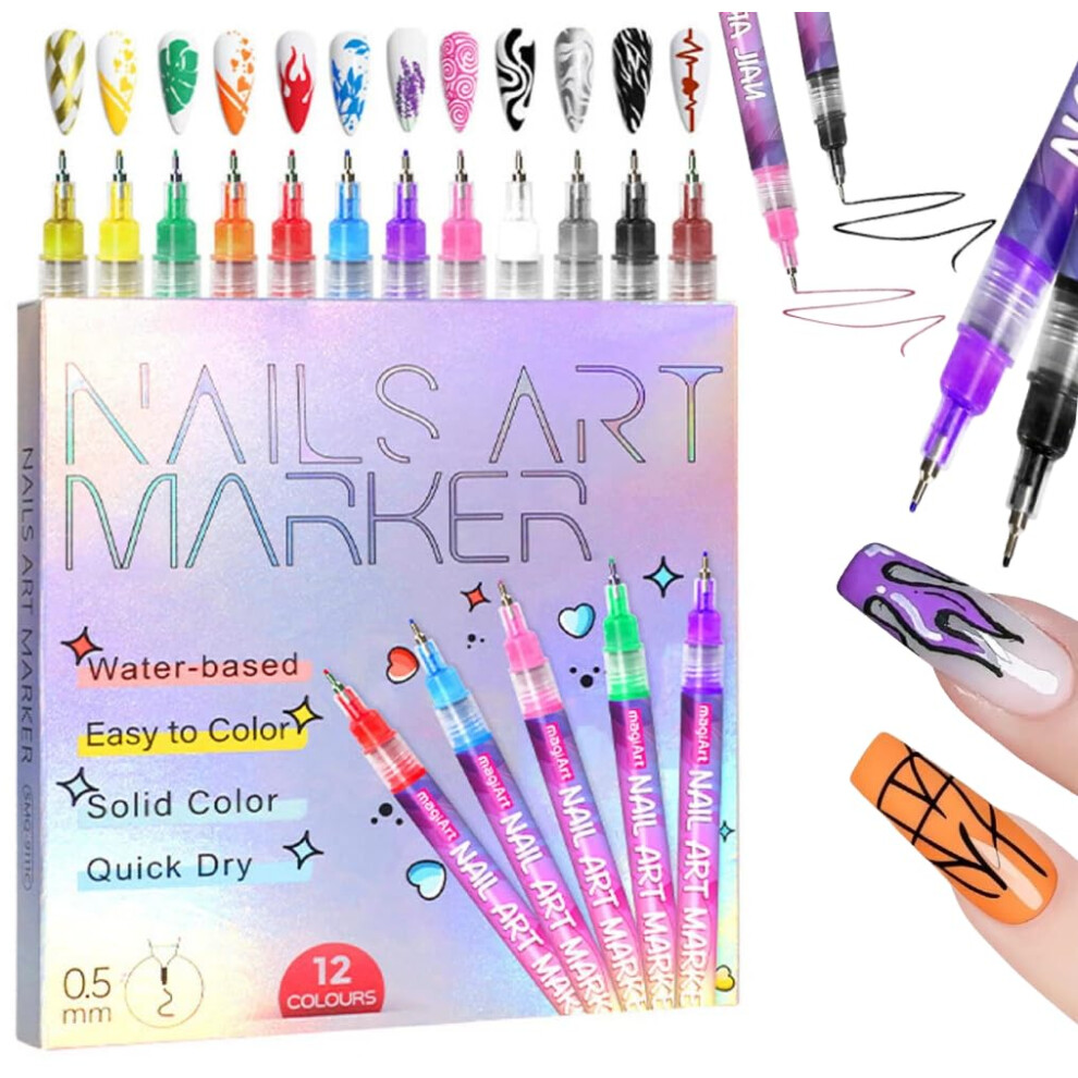 Oimg 12 Colours Nail Art Pens Set, 2026 Upgrade Fine Tip 0.5Mm Nail Art Pen, Drawing Painting Liner Brush Diy Manicure