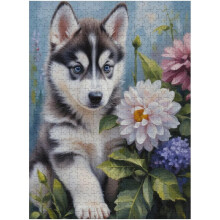 Husky-pentu ja kukkia puutarhassa 1000-palainen puinen palapeli aikuisille lapsille, eläinpeli, tee-se-itse-purkauslelu