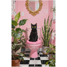 1000 Piece Black Cat Sitting on Toilet Puzzle - Funny Animal Bathroom Scene Whimsical Humor Art