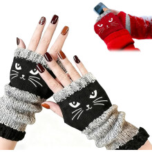 Comfortabele gebreide vingerloze handschoenen voor dames met schattige kattenborduursels