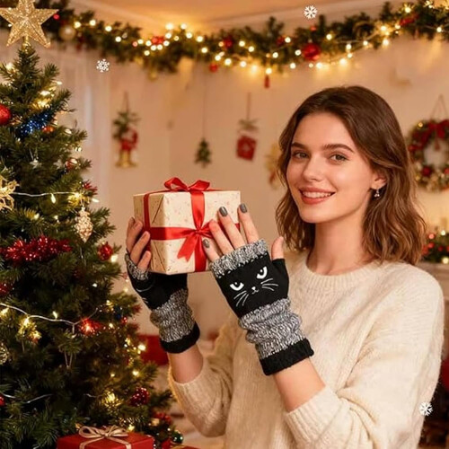 Γυναικεία πλεκτά γάντια Cozy Cat Gloves χωρίς δάχτυλα με χαριτωμένο κέντημα γάτας 2