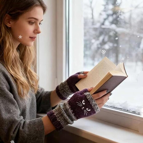 Γυναικεία πλεκτά γάντια Cozy Cat Gloves χωρίς δάχτυλα με χαριτωμένο κέντημα γάτας 1