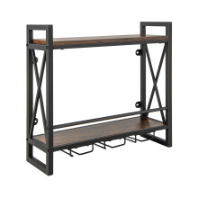 Industrial Wall Mounted Wine Rack with 2Tier Bottle Storage and 3Row Glass Holders