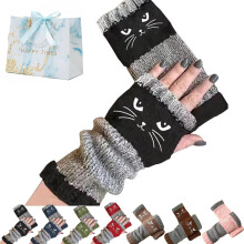 Gebreide vingerloze dameshandschoenen met schattig kattenpatroon, halve vingers, warme winterhandschoenen