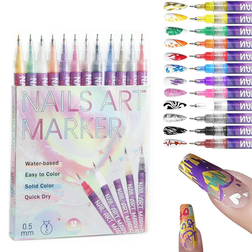 Oimg 12 Colours Nail Art Pens For Painting Nails, 0.5Mm Fine Tip Markers Polish Pen For Women 3D Diy Drawing Liner Brush