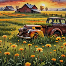 1000 Piece Old Farm and Old Truck at Sunset Adult Puzzle - Wooden Motor Memory Stress Reduction Family