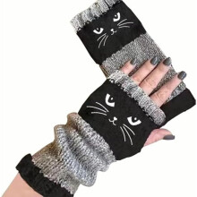 Dameshandschoenen met kattenborduurwerk, warm en gebreid, vingerloos, geschikt voor koud weer.