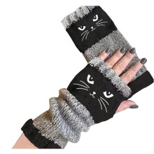 Gebreide vingerloze handschoenen voor dames met een schattig kattenpatroon