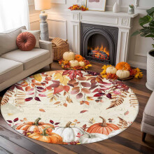 Round Rug 5ft Fall White Pumpkin Washable Non-Slip Thanksgiving Decor