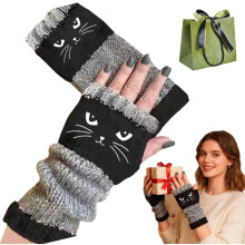 Gebreide vingerloze handschoenen voor dames met schattige kattenborduursels en patchwork, comfortabel en stijlvol.