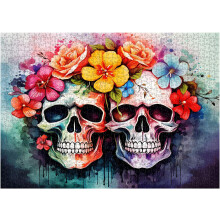 Rompecabezas de 500 piezas con diseño de calavera y flores de Halloween del Día de los Muertos: pintura de esqueleto colorido de terror para decorac