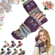 Vingerloze dameshandschoenen met kattenborduurwerk, gebreid, warm en casual, paars.