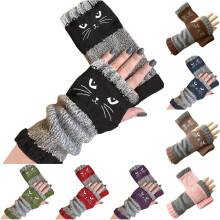 Gebreide vingerloze handschoenen met kattenborduurwerk, warm en modieus, casual.