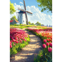 1000-dielne drevené puzzle Holandský veterný mlyn a tulipánová poľná cesta - farebný jarný kvetinový vidiek