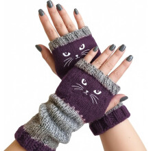 Gebreide handschoenen met kattenborduurwerk, vingerloos, warm en modieus, voor dames.