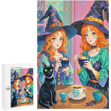 Witch Afternoon Tea & Black Cat 1000 Piece Wooden Jigsaw Puzzle, Unique Wall Art Gift, Challenge Family Game