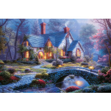 Ξύλινο παζλ Cottage at Night Deluxe 500 τεμαχίων, παζλ ενηλίκων με θέμα τη ζωγραφική τοπίου