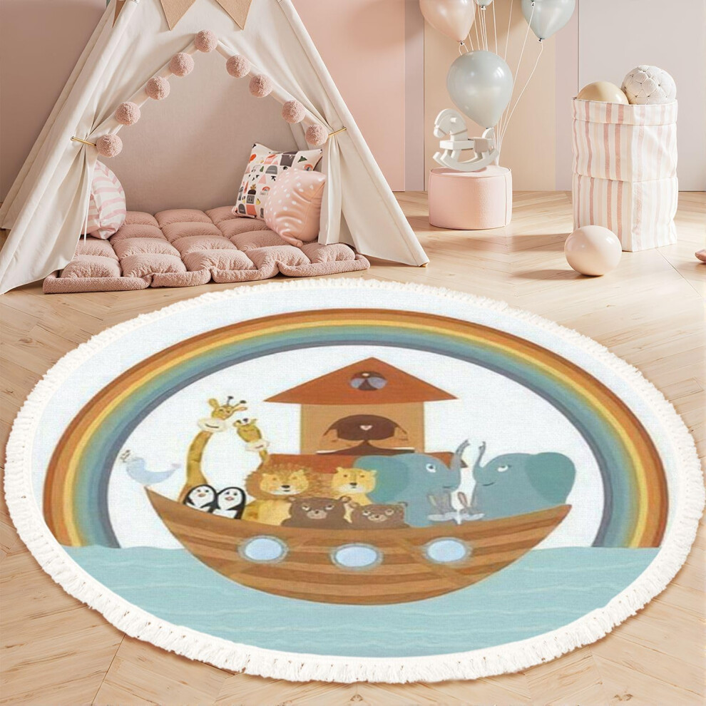 Oimg Round Noah's Ark Bible Story Rug 4Ft Linen Cotton Washable Kids Nursery