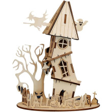 3D-Holzpuzzle-Set Halloween-Haus DIY-Holzpuzzle-Modell Tolles kreatives Holzornament Halloween-Spielzeug Geschenkset Version 33-teilig