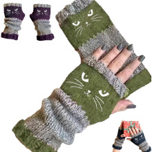 Cozy Cat Tastic gebreide vingerloze handschoenen voor dames met schattige kattenborduursels