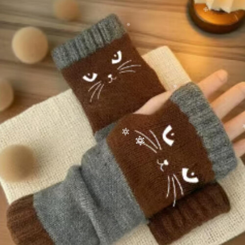 Γάντια Cozy Cat Tastic Πλεκτά Γυναικεία Γάντια με Κέντημα Γάτας χωρίς Δάχτυλα 1