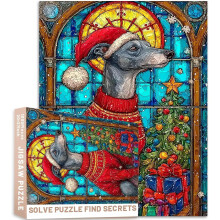 1000 Piece Stained Glass Greyhound Christmas Red Sweater Santa Hat Puzzle - Tree Decor Colorful DIY Home