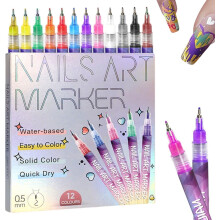 Sæt med 12 farver neglekunstpenne, neglekunstmarkører, neglelakpen til 3D-neglekunst, tegning, maling, lineær pensel, gør-det-selv-gave