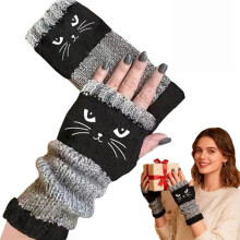 Gebreide vingerloze handschoenen met kattenborduurwerk, winterse armwarmers, casual