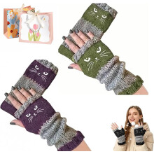 2 paar schattige gebreide vingerloze handschoenen voor dames met kattenborduurwerk, warm en soepel.