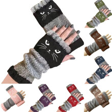 Schattige, met katten geborduurde vingerloze kasjmier handschoenen voor dames, vintage gebreide winter