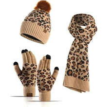 Wintermuts, sjaal en handschoenen set, warme gebreide beanie met luipaardprint, koud weer