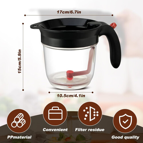 Kitchen Pro Fat Separator with Strainer, 33 oz Gravy Grease Separator, Clear Plastic with Lid 1