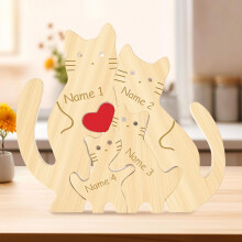 Personalised Wooden Cat Family Puzzle with 2-9 Names Custom Laser Engraving Cat Decoration Christmas Birthday Housewarming Gift for Mom Dad