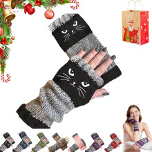 Gebreide vingerloze handschoenen voor dames met schattige kattenborduursels, gemaakt van heerlijk zachte gebreide stof.