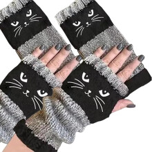 Gebreide vingerloze handschoenen voor dames met schattige kattenborduursels, perfect voor het opblazen van de vingers.