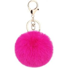 Elegante portachiavi, portachiavi in pelliccia sintetica di coniglio in colori assortiti con catena in pelle intrecciata, soffice pallina di peluche