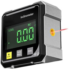 Localizador de ângulos digital com nível eletrônico, base magnética de 4 lados e transferidor retroiluminado.