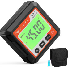 Medidor de ângulo digital com visor LCD, nível magnético, transferidor, inclinômetro e cubo retroiluminado.