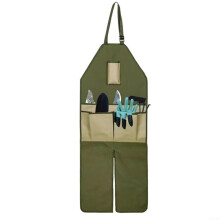 Functional gardening apron with integrated leg protection and multiple storage options, colored pockets