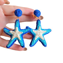 Large Flower Hoop Earring Statement Spikes-Blue straw starfish