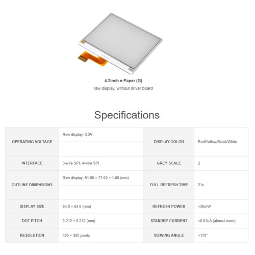 4.2inch E-Paper E-Ink Display Module (G) , 400x300, Red / Yellow/ Blac
