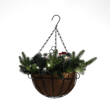 Cesta navideña artificial preiluminada, piñas decorativas y bayas, luces LED a pilas para interiores y exteriores, perfecta para bodas y