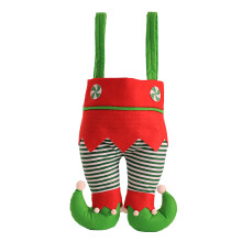 Calcetín navideño personalizado con forma de pie, diseño de pantalones de elfo con tela de fieltro festiva, decoración de cascabeles para un
