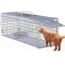 Folding Live Animal Trap Cage for Cats and Raccoons, Humane Capture, Weather Resistant, Silver 79x28x33cm
