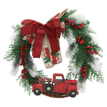 Decorațiune de Crăciun cu model camion roșu și fundă vintage în carouri, decorațiune de sărbători cu fructe de pădure artificiale